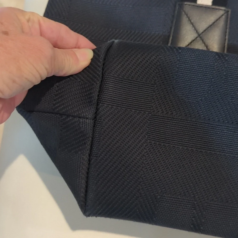 Black Bally canvas tote with black and white canvas handles